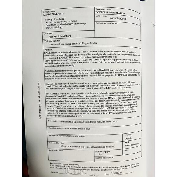 Human Milk and Cancer Research:Rare Dissertation on Tumor Killing Molecules 2010 - Picture 8 of 8